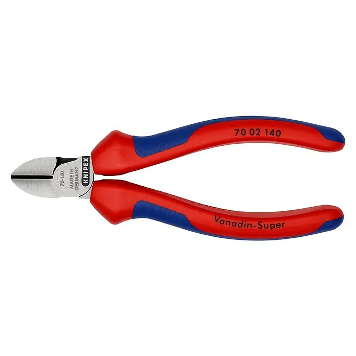 Knipex Seitenschneider - Länge: 14 cm, Härte Schneide: 62 HRC - Bild einer Knipex Seitenschneider-Zange mit blau-roten Griffen, ideal zum Schneiden harter Drähte.