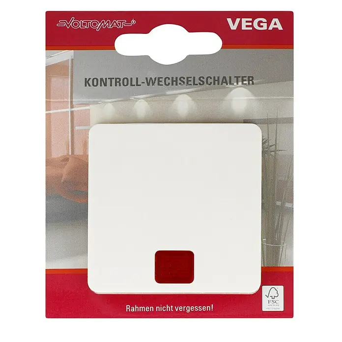 Voltomat VEGA Kontrollschalter - Elektroweiß, 10 A - Nahaufnahme eines Voltomaten-Kontroll-Wechselschalters von Vega. Rot-weißes Design, ideal für moderne Elektroinstallationen.