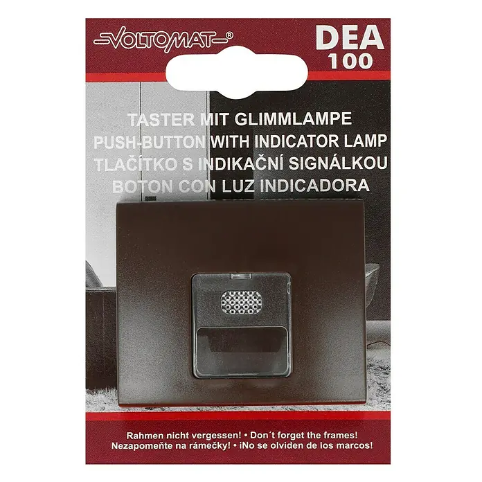 Voltomat DEA 100 Taster mit Glimmlampe - Braun, Kunststoff, 10 A - Nahaufnahme eines Voltomat DEA 100 Druckknopfes mit Glimmlampe, ideal für elektrische Installationen.