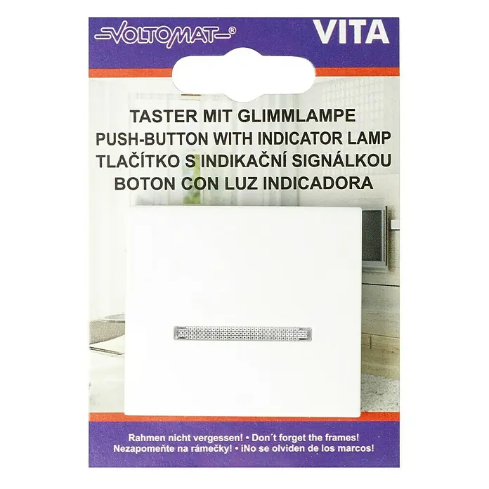 Voltomat VITA Taster mit Glimmlampe - Alpinweiß, Unterputzmontage, 10 A - Das Bild zeigt einen weißen VOLTOMAT VITA Taster mit Glimmlampe, ein nützliches Zubehör für Ihr Zuhause.