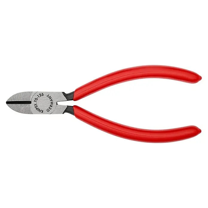 Knipex Seitenschneider - Länge: 12,5 cm, Härte Schneide: 62 HRC - Abisolierzange Knipex 70-125, präzisionsgefertigt für exaktes Schneiden und Abisolieren von Drähten. Ergonomische rote Griffe sorgen für Komfort.