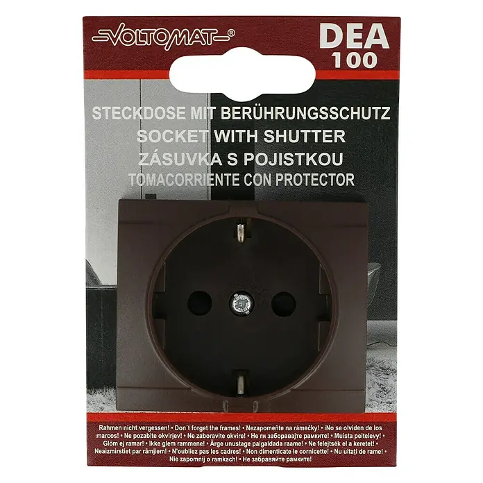 Voltomat DEA 100 Steckdose - Braun, Kunststoff, Unterputzmontage - Nahaufnahme einer braunen VOLTOMAT DEA 100 Steckdose mit Berührungsschutz für erhöhte Sicherheit.