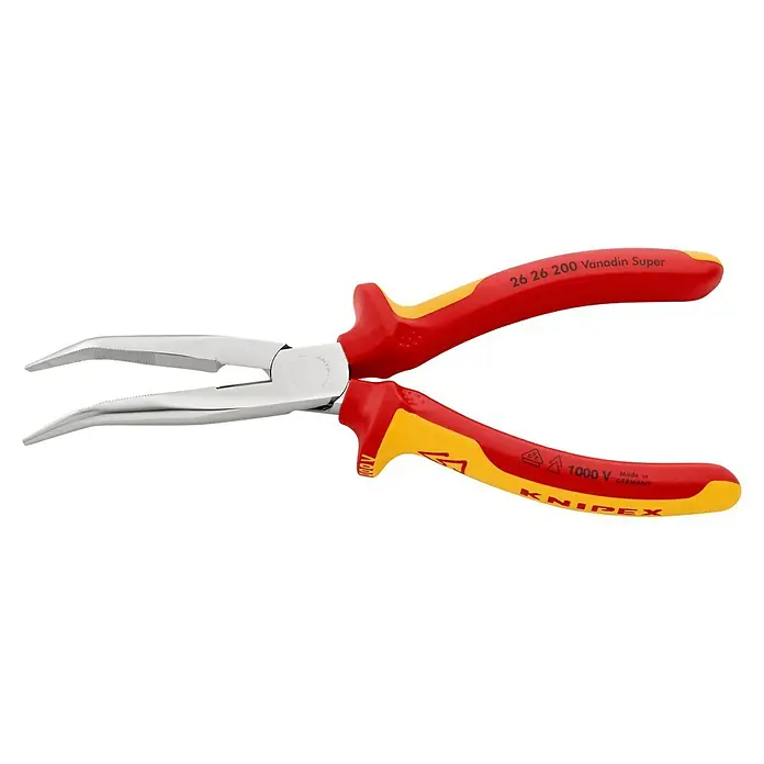 Knipex Alicates curvos VDE - Largo: 20 cm, Acero, Curvado - Los alicates de boca Knipex 26 26 200 Vanadin Super, aislados para trabajos hasta 1000V, para sujetar y cortar con precisión en zonas de difícil acceso.