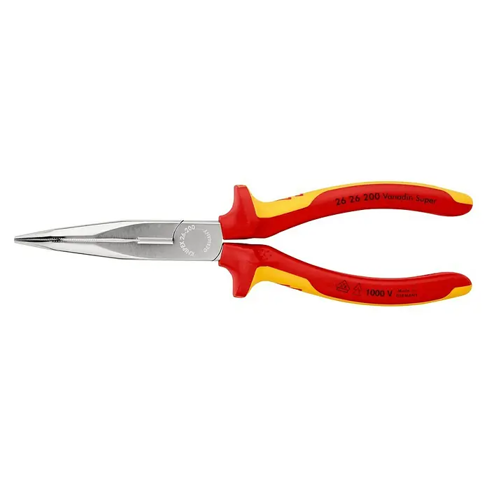 Knipex Alicates curvos VDE - Largo: 20 cm, Acero, Curvado - En la imagen se muestran alicates de punta Knipex 26 26 200 Vanadin Super, perfectas para trabajos de precisión en áreas difíciles de alcanzar. Aisladas hasta 1000V.