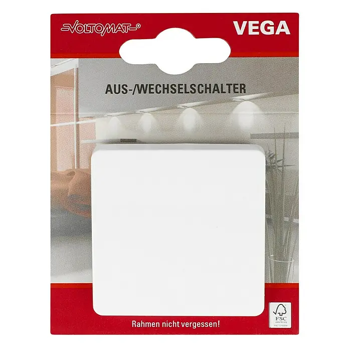 Voltomat VEGA Wechselschalter - Ultraweiß, Glänzend, Unterputzmontage, 10 A - Produktfoto eines "VOLTOMAT VEGA AUS-/WECHSELSCHALTER", ein elektrischer Schalter, verpackt in roter Kartonverpackung.