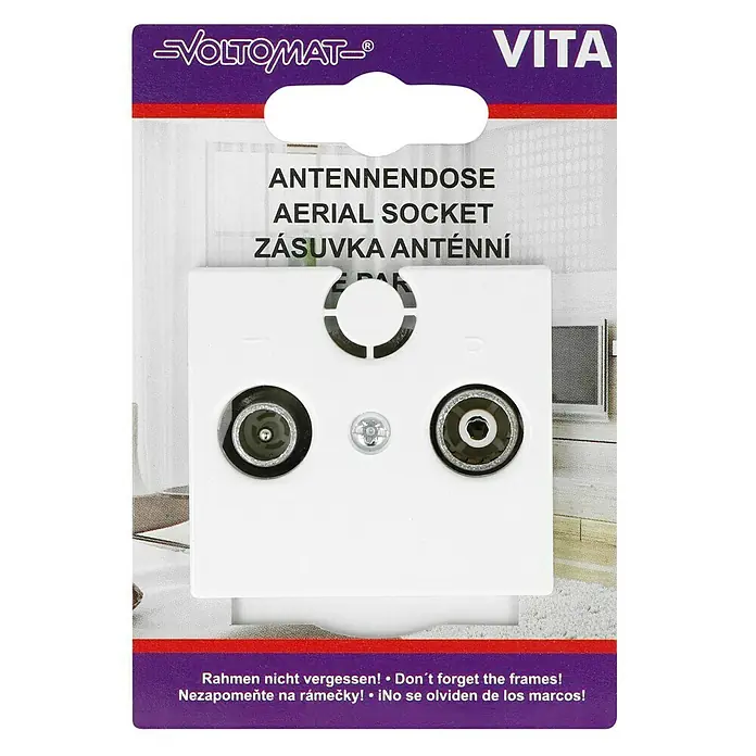 Voltomat VITA Antennendose - Alpinweiß, Kunststoff, Unterputzmontage - Nahaufnahme einer weißen Voltomatt Vita Antennendose mit zwei Anschlüssen und einer Schraube.