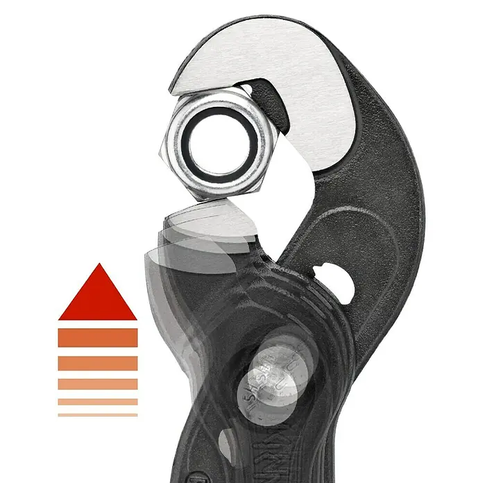 Knipex Schraubzange - Länge: 25 cm - Nahaufnahme eines verstellbaren Schraubenschlüssels, der eine Sechskantmutter hält. Der Schraubenschlüssel ist schwarz und silber und die Mutter ist silbern.