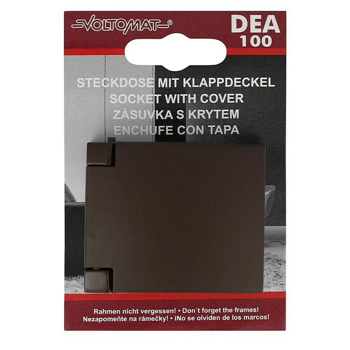 Voltomat DEA 100 Steckdose mit Klappdeckel - Braun, Kunststoff, Unterputzmontage - Steckdose mit Klappdeckel von VOLTOMAT, Modell DEA 100. Die braune Steckdose ist auf einer Produktverpackung abgebildet.