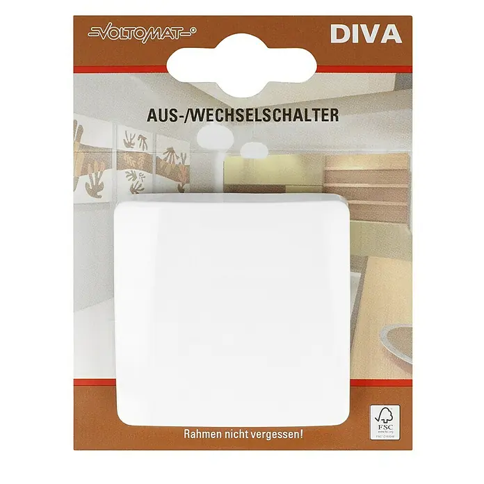 Voltomat DIVA Wechselschalter - Ultraweiß, Glänzend, Unterputzmontage, 10 A - Verpackung eines VOLTOMAT DIVA Aus-/Wechselschalters. Hinweis: Rahmen nicht vergessen.