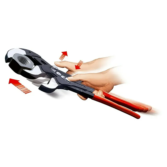 Knipex Wasserpumpenzange Cobra XXL - Max. Backenöffnung: 120 mm, Länge: 560 mm, Rot - Eine Wasserpumpenzange von Knipex, die eine Mutter hält und deren Griffe von Händen gehalten werden, um die Zange zu betätigen.