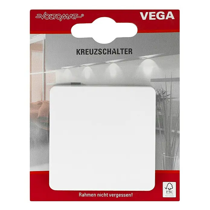 Voltomat VEGA Kreuzschalter - Ultraweiß, 10 A - Produktverpackung für einen VEGA Kreuzschalter von Voltomat mit rotem Rand und FSC-Siegel.