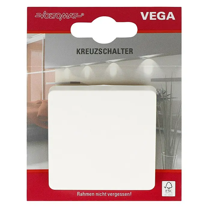 Voltomat VEGA Kreuzschalter - Elektroweiß, 10 A - Nahaufnahme einer VEGA Kreuzschalter-Verpackung von VoltomAT. Der Schalter ist weiß und wird ohne Rahmen geliefert, wie auf der Verpackung hingewiesen.