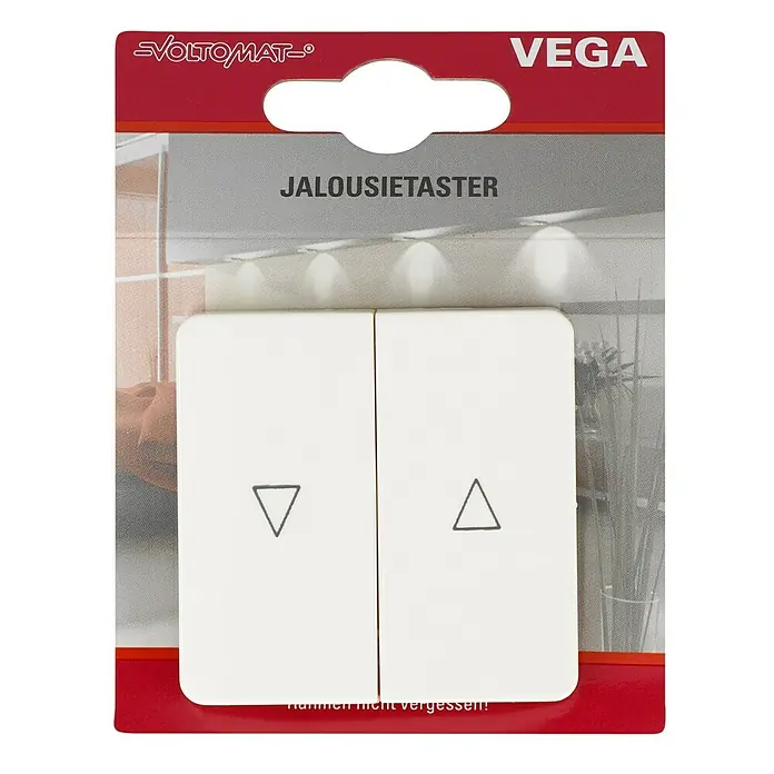 Voltomat VEGA Jalousieschalter - Elektroweiß, Glänzend, Unterputzmontage, 10 A - Bild einer VEGA Jalousietaster-Verpackung von Voltomat mit zwei weißen Schaltern und Pfeilsymbolen für die Auf- und Ab-Funktion.