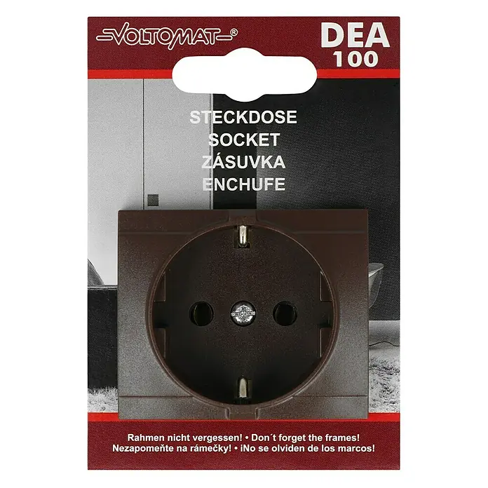 Voltomat DEA 100 Steckdose - Braun, 1-fach, Kunststoff, 1 Stk. - Verpackung einer braunen Voltomtat DEA 100 Steckdose, die die Steckdose und den Markennamen zeigt.