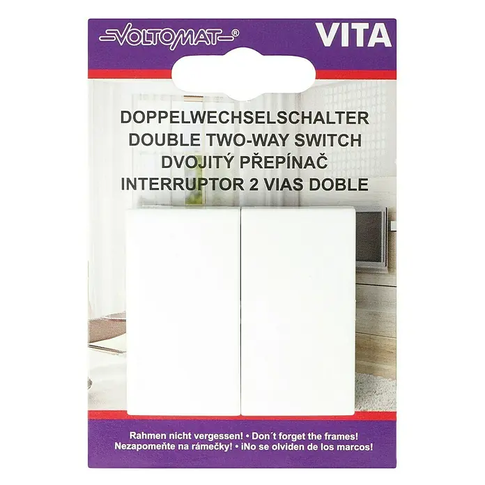 Voltomat VITA Wechselschalter - Alpinweiß, Glänzend, Unterputzmontage, 10 A - Produktverpackung eines VITA Doppelwechselschalters von VOLTOMAT mit mehrsprachigen Hinweisen zum Rahmen.