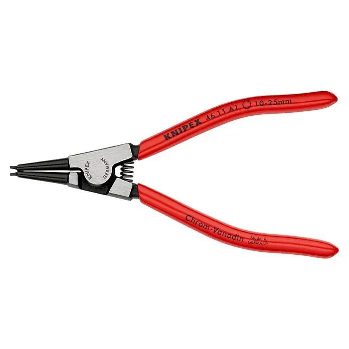 Knipex Zangen-Set - Länge: 14 cm, Passend für: Sicherungsringe auf Wellen Ø 10 – 25 mm - Eine Knipex 46 11 A1 Sicherungsringzange für Innenringe in Bohrungen von 10–25 mm Durchmesser mit roten Griffen.