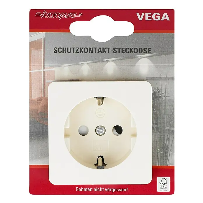 Voltomat VEGA Steckdose mit erhöhtem Berührungsschutz - Elektroweiß, Kunststoff, 1-fach, 1 Stk. - Abbildung einer Voltomaten Vega Schutzkontakt-Steckdose in der Verpackung.