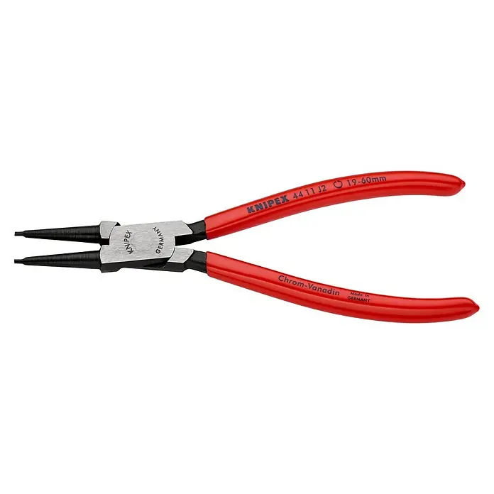 Knipex Sicherungsringzange - Länge: 18 cm, Passend für: Sicherungsringe in Bohrungen Ø 8 - 140 mm - Eine Zange von Knipex, Modell 44 11 J2, mit rotem Griff und schwarzem Zangenkopf. Das Werkzeug ist für Sprengringe von 19-60 mm.
