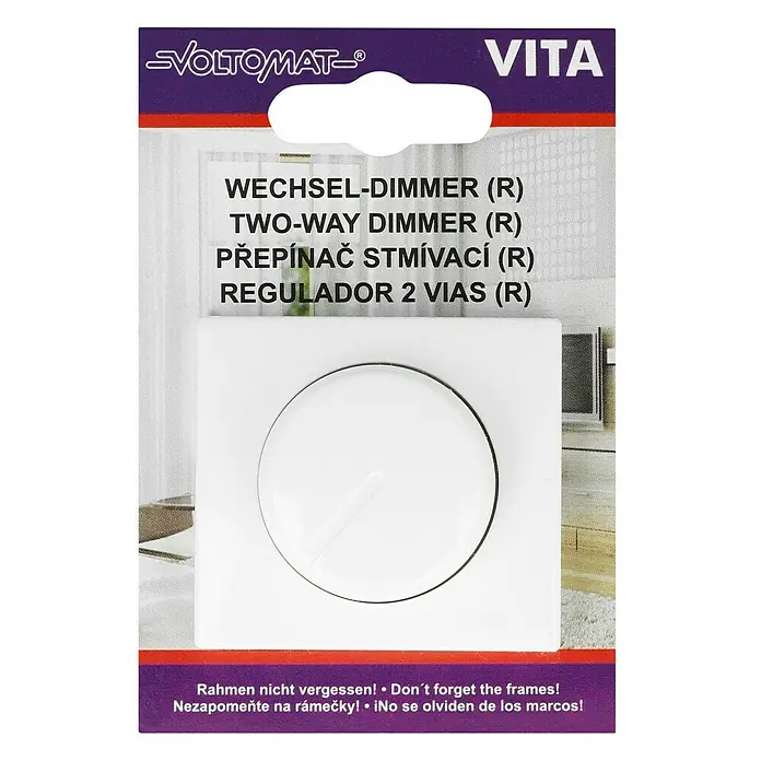 Voltomat VITA Dimmer - Alpinweiß, 40 W - 400 W - Verpackung eines VOLTOMAT VITA Zwei-Wege-Dimmers zur Lichtsteuerung, mit mehrsprachigen Hinweisen zum Rahmen.