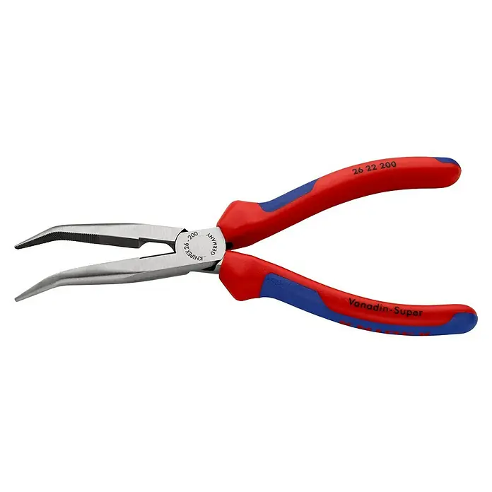 Knipex Flachrundzange - Länge: 20 cm, Poliert, Gebogen - Eine Knipex 26 22 200 gebogene Spitzzange mit rot-blauen Griffen vor einem schwarzen Hintergrund für präzises Arbeiten.
