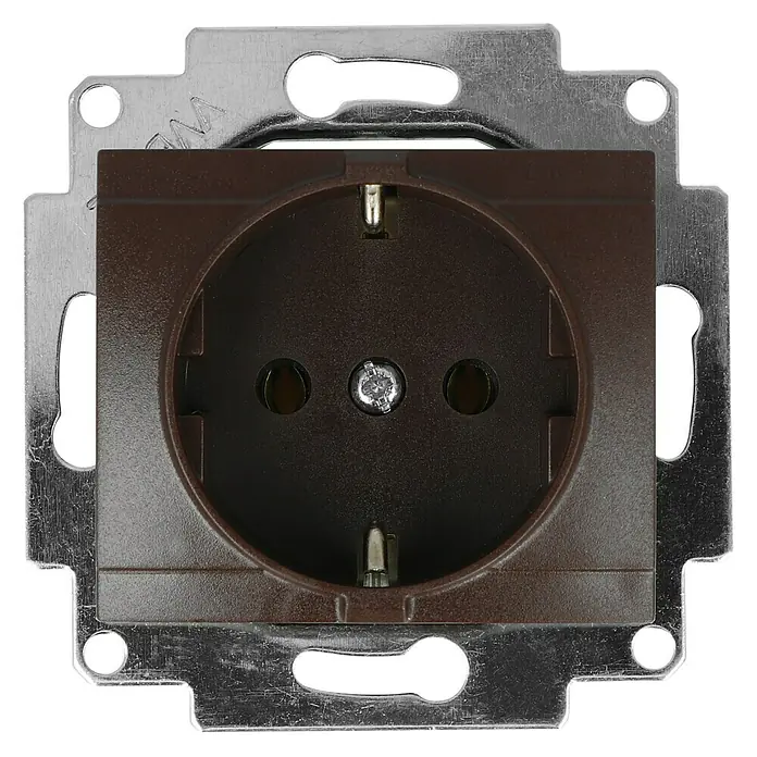 Voltomat DEA 100 Steckdose - Braun, 1-fach, Kunststoff, 1 Stk. - Nahaufnahme einer braunen Steckdose mit Metallrahmen, die ein modernes Design und Funktionalität vereint.