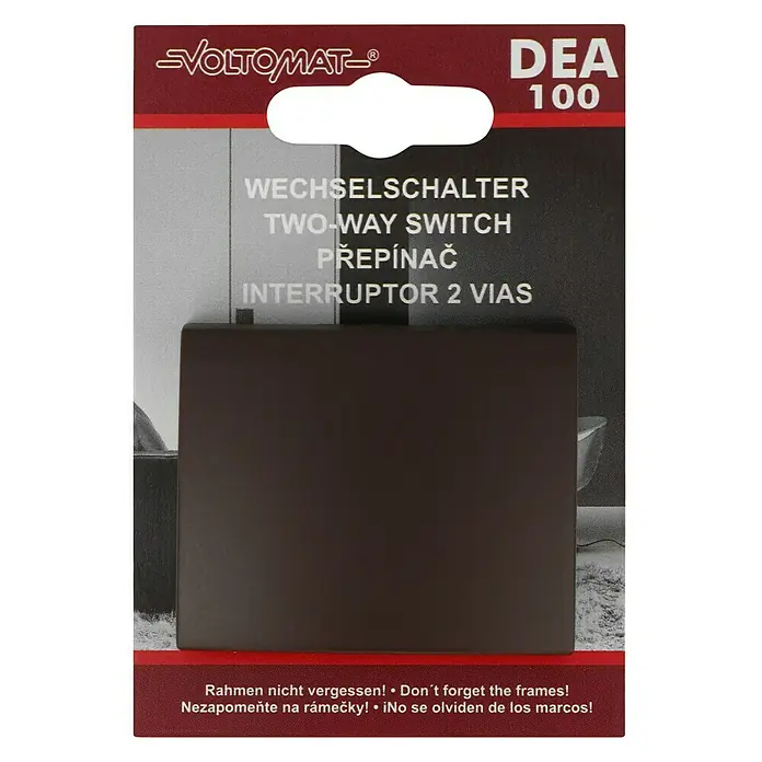 Voltomat DEA 100 Wechselschalter - Braun, Unterputzmontage, 10 A, 1 Stk. - Abbildung eines braunen Voltomaten DEA 100 Wechselschalters in einer Verpackung, die zum Kauf im Geschäft bereit ist.