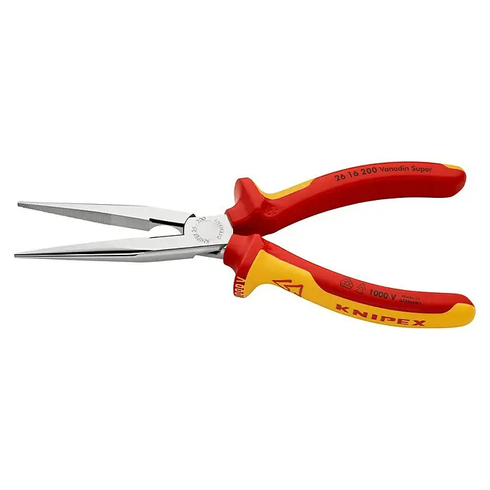 Knipex TelefonzangeLänge: 20 cm, Gerade - Nahaufnahme einer Knipex 26 16 200 Flachrundzange mit den roten und gelben Griffen, die für Präzisionsarbeiten und sicheren Halt konzipiert wurde.