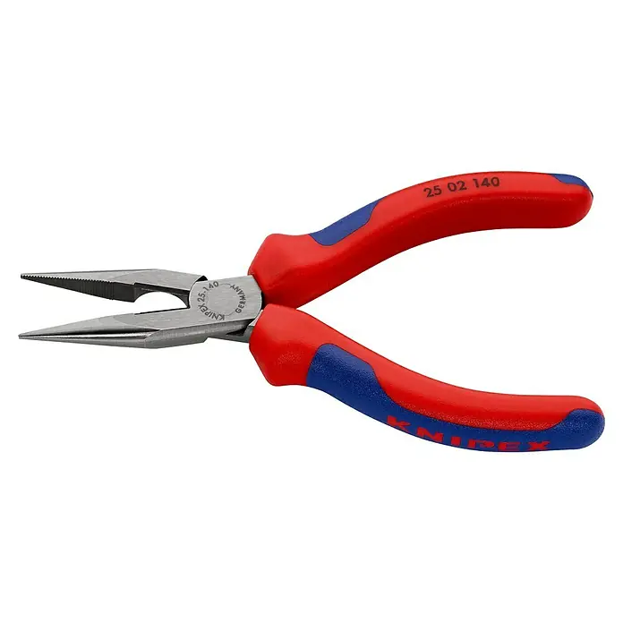 Knipex Flachrundzange - Länge: 14 cm, Schneide - Die Knipex 25 02 140 Spitzzange mit den rot-blauen Griffen, ein Werkzeug für präzises Greifen und Schneiden in schwer zugänglichen Bereichen.