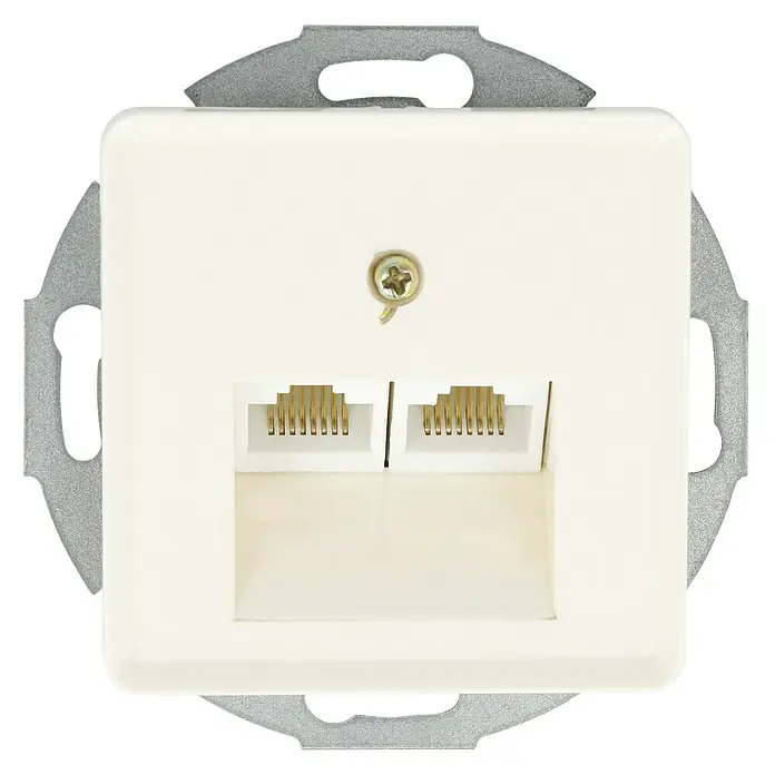 Voltomat VEGA UAE-Dose - Elektroweiß, Kunststoff - Nahaufnahme einer Doppel-RJ45-Netzwerkdose für die Wandmontage, ideal für stabile Netzwerkverbindungen im Büro oder zu Hause.