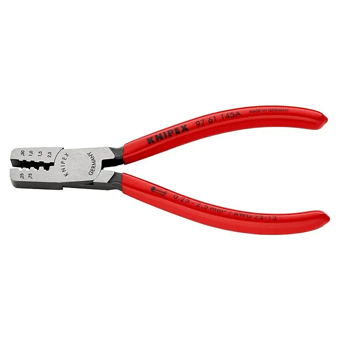 Knipex Crimpzange - Länge: 14,5 cm - Die Knipex 97 61 145 A Crimpzange mit roten Griffen ist ein Werkzeug zum Abisolieren und Crimpen von Drähten im Bereich von 0,25 bis 2,5 mm².
