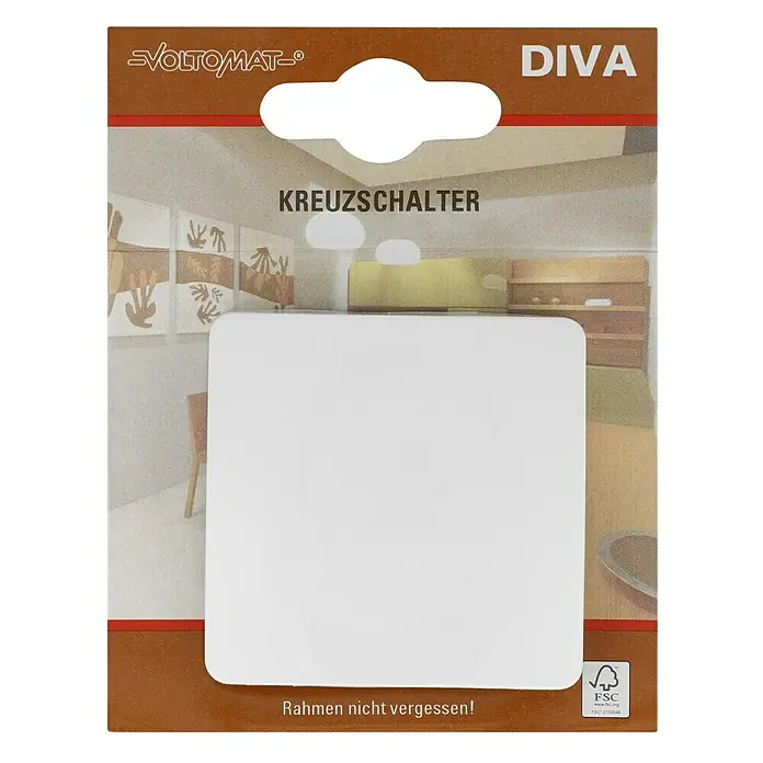 Voltomat DIVA Kreuzschalter - Ultraweiß, 10 A - Produktverpackung eines Kreuzschalters der Marke Voltomat Diva. Die Verpackung ist braun umrandet und zeigt ein Interieur als Hintergrund.