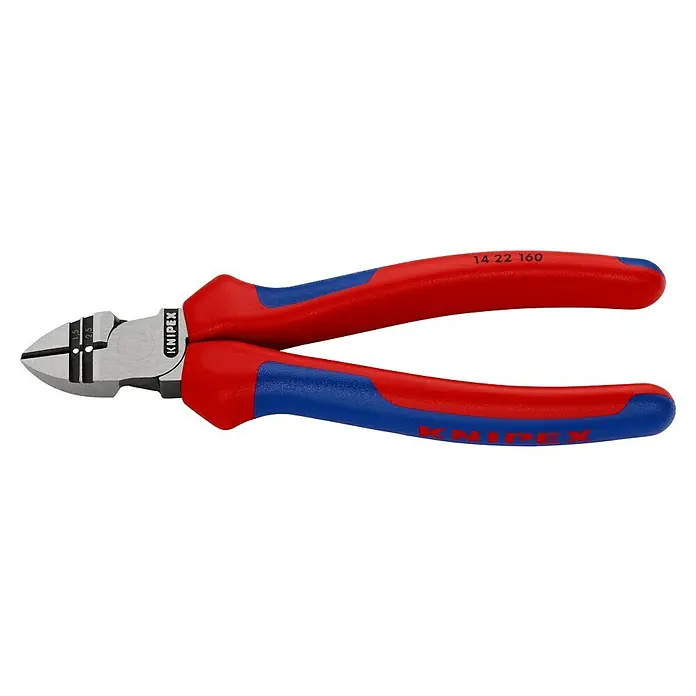 Knipex Seitenschneider - Länge: 16 cm, Härte Schneide: 60 HRC - Eine Nahaufnahme einer KNIPEX 14 22 160 Abisolierzange mit rot-blauen Griffen und einer Kabelschneidefunktion.