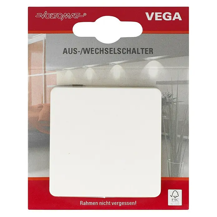 Voltomat VEGA Wechselschalter - Elektroweiß, Glänzend, Unterputzmontage, 10 A - Auf der Verpackung eines Voltolmat Vega Aus-/Wechselschalters ist ein weißer Schalter abgebildet.