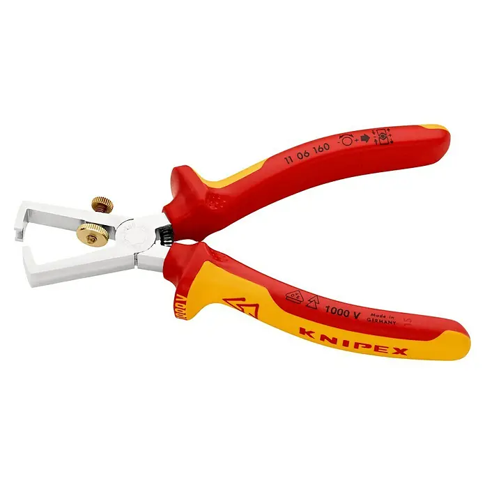 Knipex Abisolierzange VDE - Länge: 16 cm - Eine Knipex Abisolierzange mit roten und gelben Griffen vor schwarzem Hintergrund. Das Werkzeug ist für präzises Arbeiten ausgelegt.