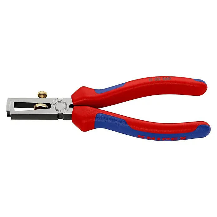 Knipex Abisolierzange - Länge: 16 cm, Phosphatiert - Hochwertige Knipex Abisolierzange 11 02 160 mit ergonomischen Mehrkomponenten-Griffhüllen in Rot und Blau für komfortables Arbeiten.