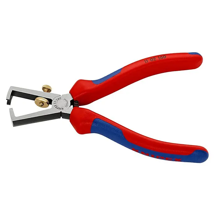 Knipex Abisolierzange - Länge: 16 cm, Phosphatiert - Bild einer Knipex Abisolierzange 11 02 160 mit rot-blauen Griffen und zwei goldenen Stellschrauben für präzises Abisolieren von Kabeln.