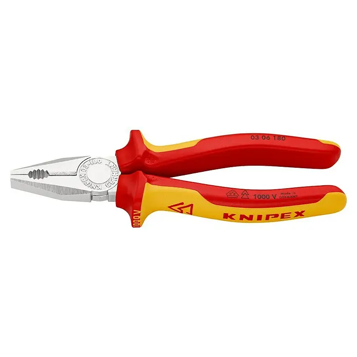 Knipex Kombizange - Länge: 18 cm, Ölgehärtet - Die isolierte Kombinationszange von Knipex ist ein robustes Werkzeug für vielseitige Anwendungen. Die Zange ist für 1000V Spannung geeignet.