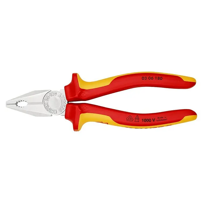 Knipex Kombizange - Länge: 18 cm, Ölgehärtet - Eine Knipex Kombinationszange mit rot-gelben Griffen, isoliert für Arbeiten bis 1000V, gefertigt in Deutschland.