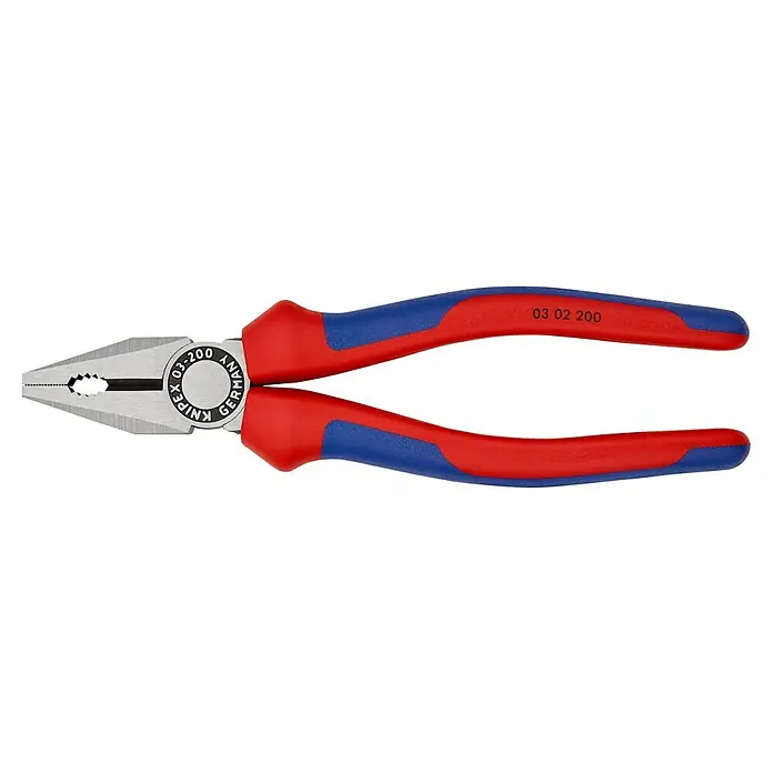 Knipex Kombizange - Länge: 20 cm, Gehärtete Schneiden, Poliert - Eine Knipex Kombinationszange 03 02 200 mit zweifarbigen Griffen. Das Werkzeug ist robust und für verschiedene Greif-, Schneid- und Biegearbeiten geeignet.