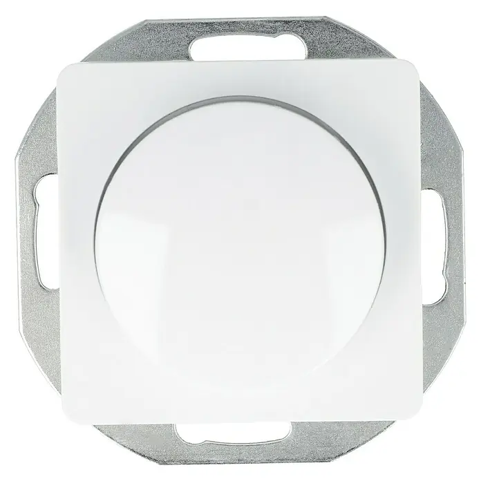 Voltomat VEGA Dimmer für konventionelle Trafos - Ultraweiß - Nahaufnahme eines quadratischen, weißen Lichtschalters mit runder Mitte, umgeben von einer silbernen Metallhalterung.