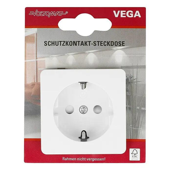 Voltomat VEGA Steckdose mit erhöhtem Berührungsschutz - Ultraweiß, Kunststoff, 1-fach, 1 Stk. - Schutzkontakt-Steckdose von VEGA/VOLTOMAT für Innenräume. Sie ist weiß und für den Einsatz in Wänden vorgesehen und leicht zu installieren.