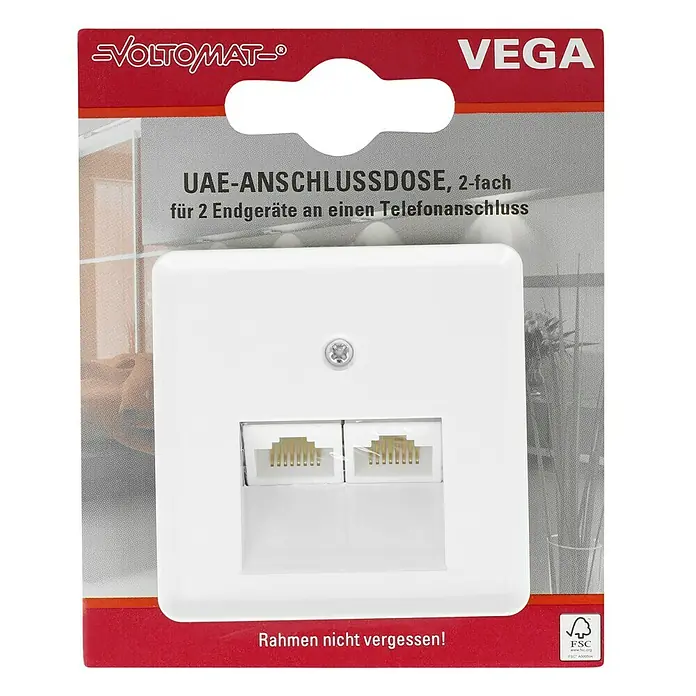 Voltomat VEGA UAE-Dose - Ultraweiß, Kunststoff - Produktabbildung einer VOLTOMAT UAE-Anschlussdose (2-fach) für den Telefonanschluss, ideal für 2 Endgeräte.