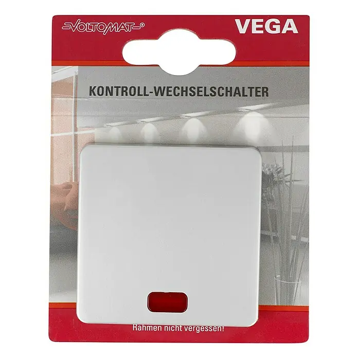 Voltomat VEGA Kontrollschalter - Silber, 10 A - Ein Voltomat Vega Kontroll-Wechselschalter in seiner Verpackung, bereit für die Installation.