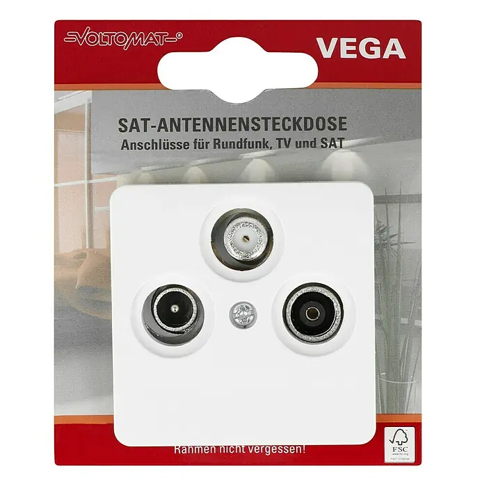 Voltomat VEGA Antennendose - Ultraweiß - Nahaufnahme einer Voltomat Vega Sat-Antennensteckdose mit Anschlüssen für Rundfunk, TV und SAT.