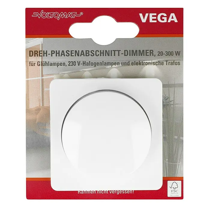 Voltomat VEGA Dimmer für elektronische Trafos - Ultraweiß - Verpackung eines Voltomat Vega Dreh-Phasenabschnitt-Dimmers für Glühlampen, Halogenlampen und elektronische Trafos.