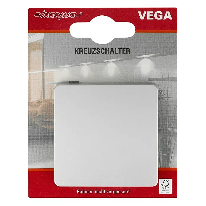 Voltomat VEGA Kreuzschalter - Silber, 10 A - Verpackung eines Voltomaten Kreuzschalters der Marke Vega. Rahmen nicht vergessen!