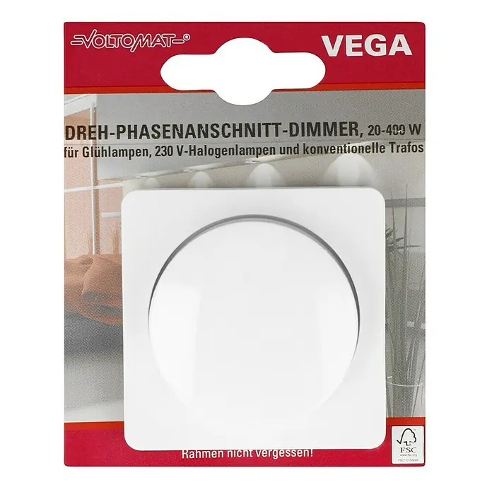 Voltomat VEGA Dimmer für konventionelle Trafos - Ultraweiß - Dreh-Phasenanschnitt-Dimmer VEGA für Glühlampen, 230V-Halogenlampen und Trafos. Rahmen nicht vergessen!