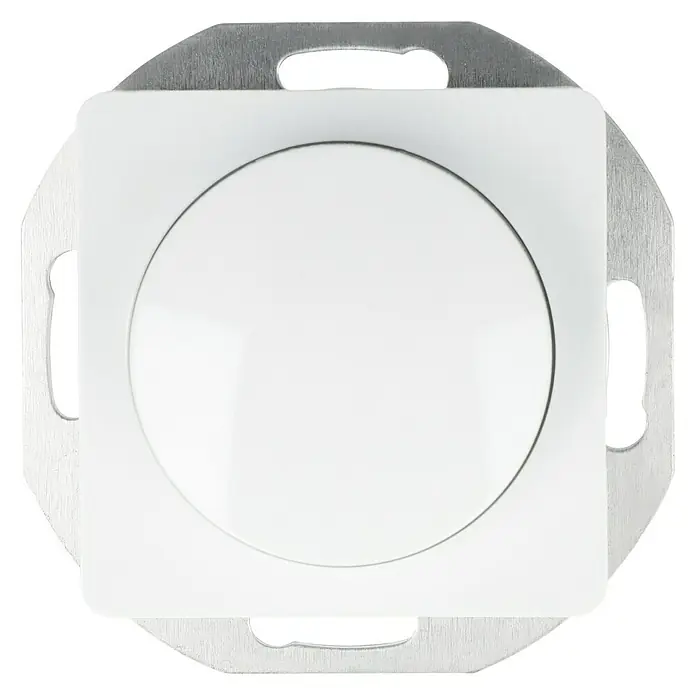 Voltomat VEGA Dimmer für elektronische Trafos - Ultraweiß - Weißer Lichtschalter mit runder Taste und silberner Metallhalterung. Ideal für moderne Innenräume und einfache Bedienung.