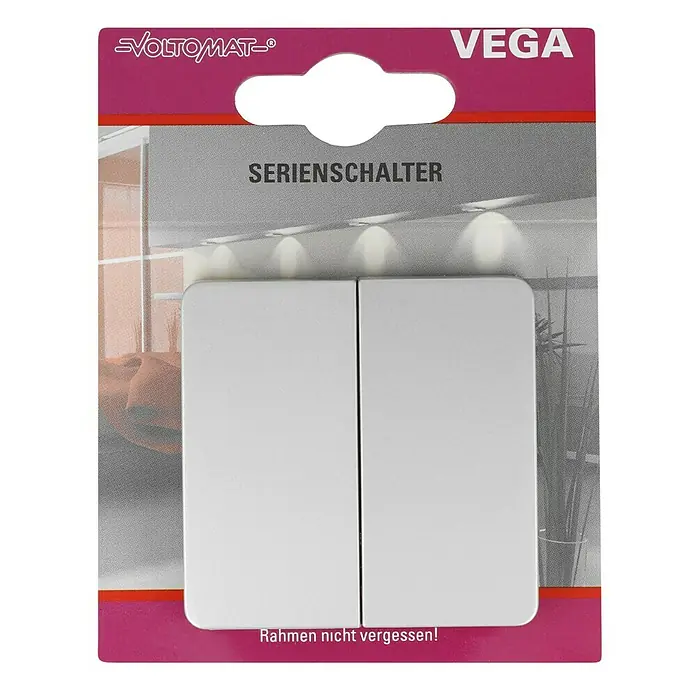 Voltomat VEGA Serienschalter - Silber, 10 A - Bild einer "VOLTOMAT VEGA" Serienschalter-Verpackung. Ein Doppel-Lichtschalter mit dem Hinweis "Rahmen nicht vergessen!".