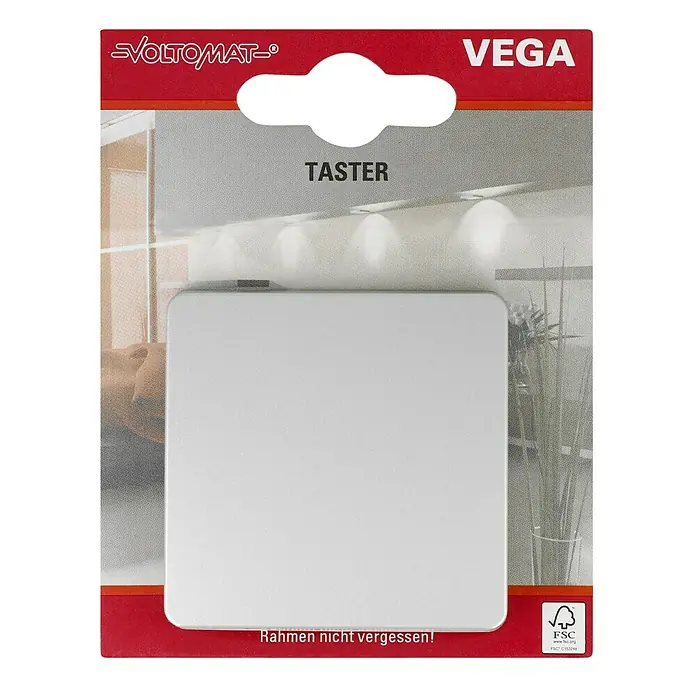 Voltomat VEGA Taster - Silber, 10 A - Verpackung eines VEGA-Tasters von Voltomat. Hinweis: Rahmen nicht vergessen! Zertifiziert durch das FSC-Siegel.